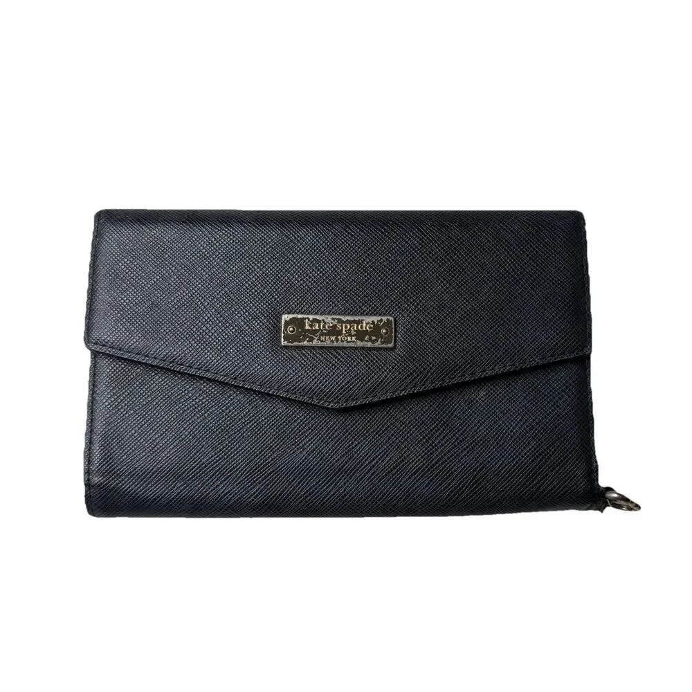 Kate Spade Deep Trifold Wallet / Wristlet Black Leather With Phone Holder